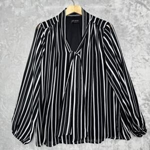 Lane Bryant Blouse Womens 16 Black White Striped Long Sleeve Tie Neck Career Top